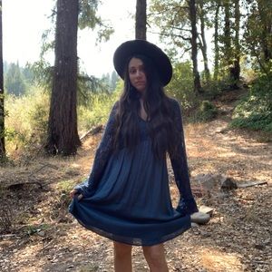 Blue babydoll dress with lace bell sleeves